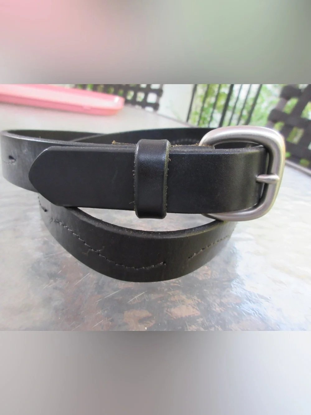 Eddie Bauer Black Leather Belt with Matte Silver Buckle 36-40”